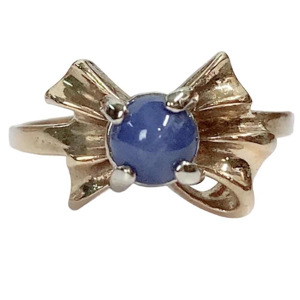 Vintage 10K 10KT Round Star Blue Sapphire Bow Design Yellow Gold Ring